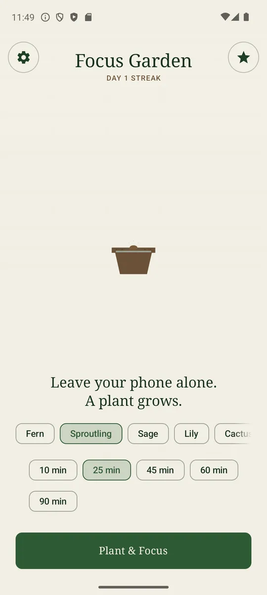 Focus Garden home screen — pick a species and a session length