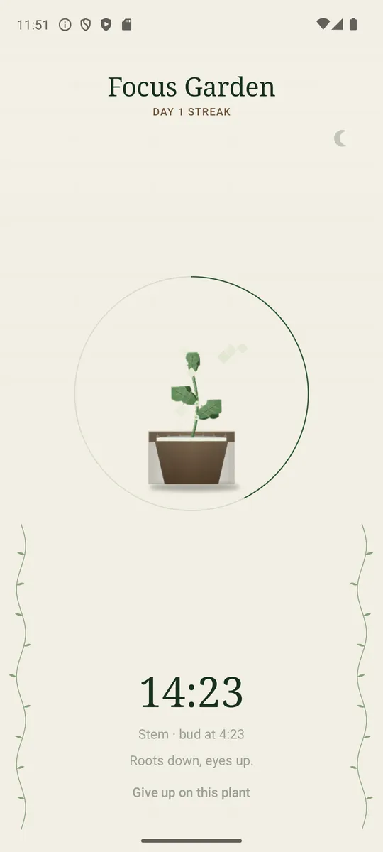 A focus session in progress — a growing plant beside a calm countdown